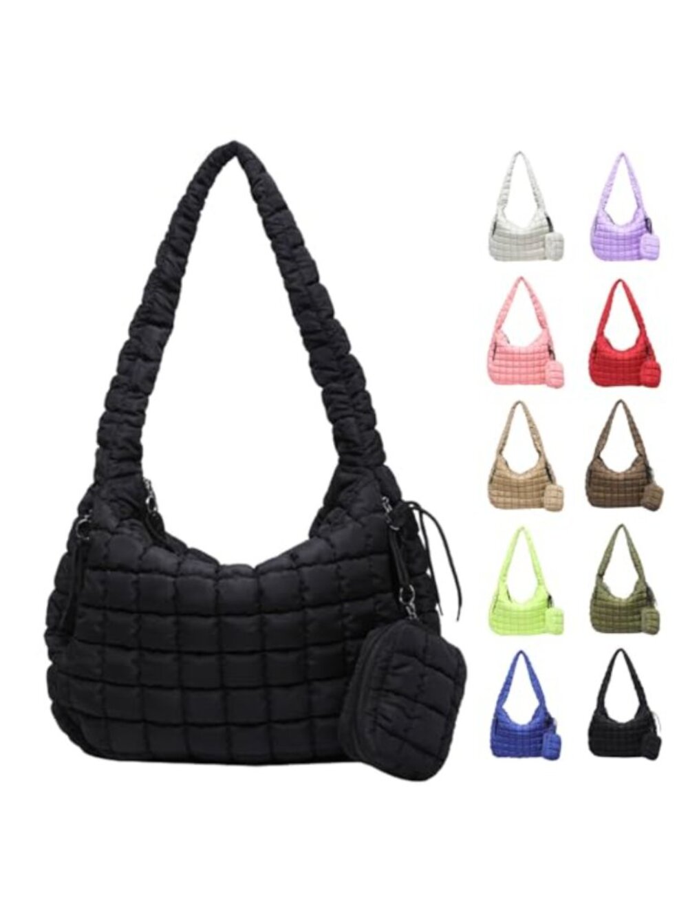 Large Quilted Puffer Tote Bag for Women, Nylon, Padded, with Mini Pouch, Work